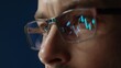 © Arsenii - close up of professional trader closely monitors financial analytics, with forex and stock market charts reflected in his eyeglasses, assessing crypto market movements.