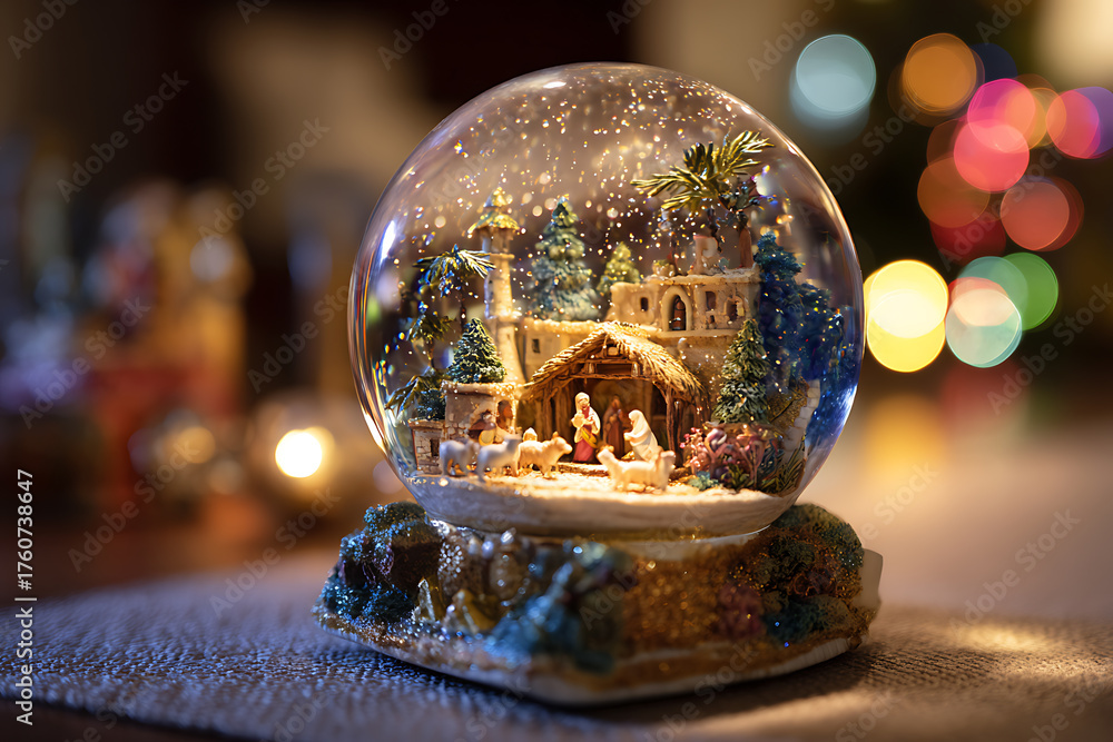 Nativity Scene Snow Globe with Bokeh Lights, capturing the essence of ...