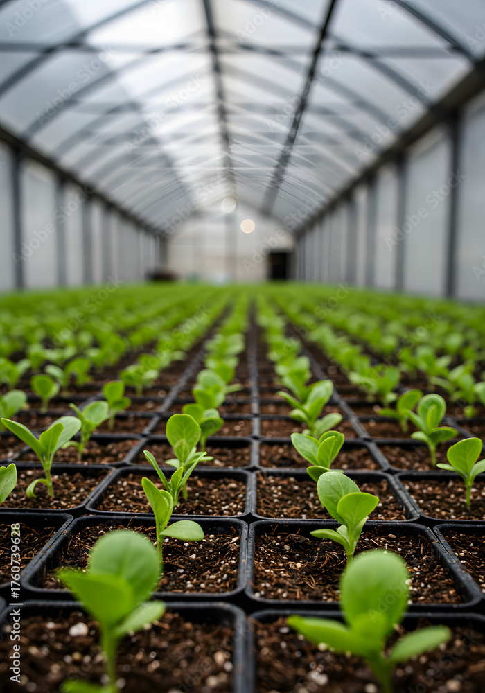 Greenhouse seedlings in a nursery, a symbol of growth. A perspective ...
