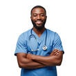 © Tawhidbd - Smiling african american male nurse wearing scrubs and stethoscope isolated on transparent background