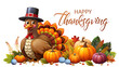 © MSTNAZMUN - Happy thanksgiving greeting with a cartoon turkey and pumpkins, isolated on transparent background
