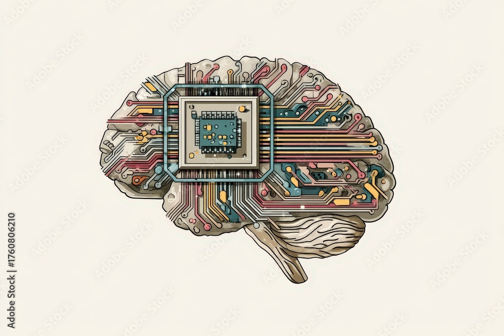 A digital depiction of a human brain integrated with advanced circuitry ...
