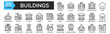© Pure Pixels - Buildings icon collection set. Containing design Hospital, School, Skyscraper, Office Building, House