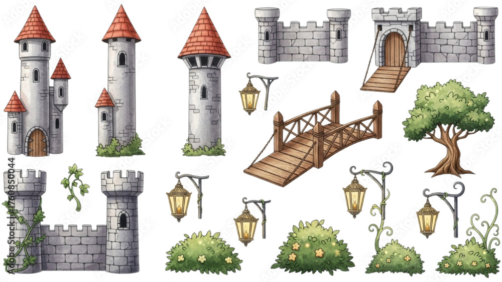 Collection of medieval castle elements and surrounding landscape ...