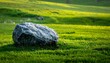 © compas - A solitary gray boulder rests amidst vibrant green grassy landscape