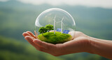 Tiny ecosystem inside glass sphere held in hand against green background