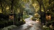 © Pinkwhite - The long driveway leads to an estate through open black wrought iron gates. Use for luxury real estate ads or representing exclusive, private property.