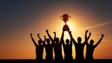A talented sports team stands silhouetted against a vibrant sunset, joyfully lifting their trophy high. Their triumphant cheers echo in the warm evening air