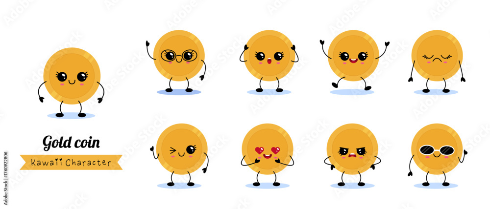 Collection of cute gold coin characters with different emotions and ...