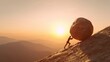 © backup_studio - Man pushing giant stone uphill at sunset. Overcoming challenges and achieving success through hard work and perseverance concept. Business effort.
