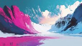 Vibrant, stylized arctic peaks and frozen water create a surreal, dreamlike winter landscape