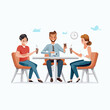 © novia - An illustration featuring three male colleagues sitting at a table, engaged in a business meeting. One is using a laptop, while the others communicate, surrounded by icons representing time, chat, and
