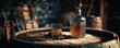 © Shelley - Discover the warmth of an old whiskey cellar with a finely aged bottle and a glass resting on a rustic wooden barrel, evoking a rich, cinematic atmosphere of tradition and craftsmanship.