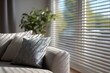 © Marina Demidiuk - Gray Sofa among a Wooden blinds on large windows, sunlight. Living room interior with furniture, wood blinds. Motorized jalousie. Smart house. Modern window shutters, roller. Duo system day and night.