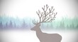 © Dmitry - Cartoon deer with large antlers in a forest with tall green and blue pine trees. Cute illustration for children book.