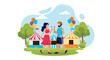 © meeblues - A joyful flat vector of romantic couple sharing ice cream at lively summer fair with colorful balloons, symbolizing happiness and love