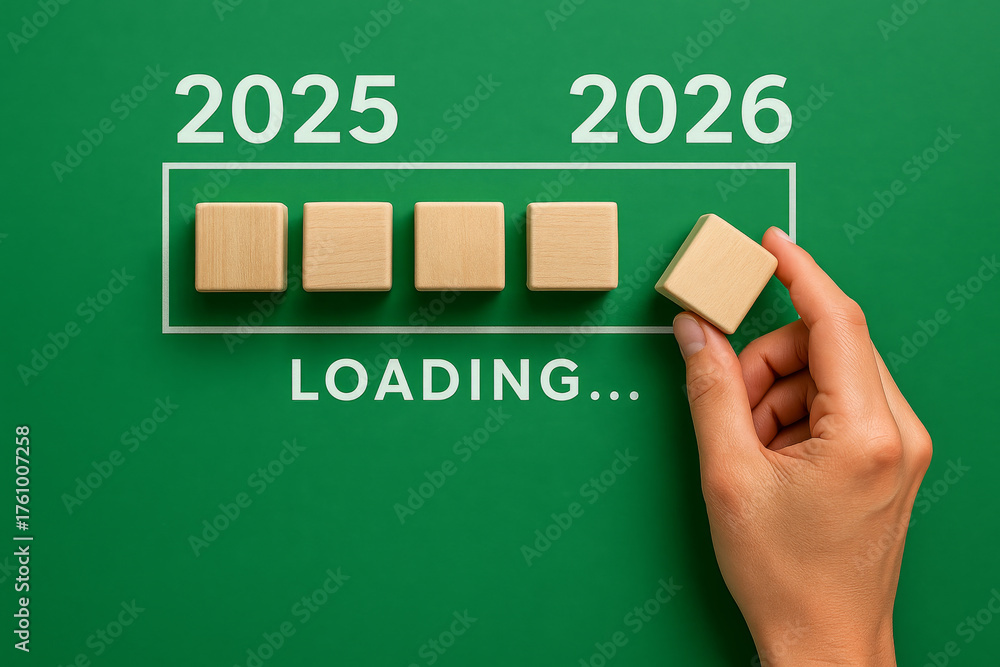 New year 2026 loading progress with hand placing wooden cube on green ...