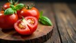 © ทุติยาภรณ์ หงษา - Sliced tomato with basil sprig on wooden board, fresh, spice, cutting board