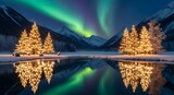 Magical winter landscape with illuminated christmas trees under the aurora borealis