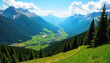© graphicdesigner6496 - Lush green valley in the Alps mountains scenic landscape with evergreen trees perfect for travel and outdoor adventure concepts