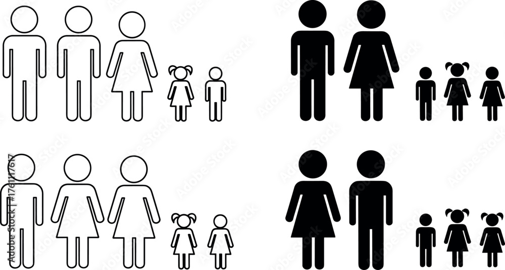 Diverse family compositions with adults and children in black and ...