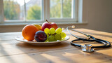 A colorful plate filled with fresh fruits sits on a wooden table beside a stethoscope. Sunlight streams through the window, highlighting the healthy options