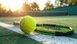 © Yantik - Bright tennis scene, ball and racket on court, sunlit outdoors