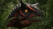 © GALKI - Close up of a carnotaurus dinosaur with sharp teeth and yellow eye in a jungle environment setting