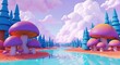 © Sujabat - Enchanting fantasy landscape with giant purple mushrooms and blue pine trees by a turquoise river