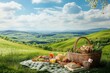 © YouraPechkin - Enjoying a sunny picnic on rolling hills with a basket of fresh food and drinks