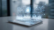 © Daria - Futuristic digital security interface displaying data analytics and a secure lock symbol on a modern laptop in a high-tech workspace