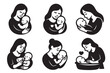 © Graphic Genius - Set of black silhouette icons depicting mothers of various races nurturing and caring for their infants in different affectionate poses.
