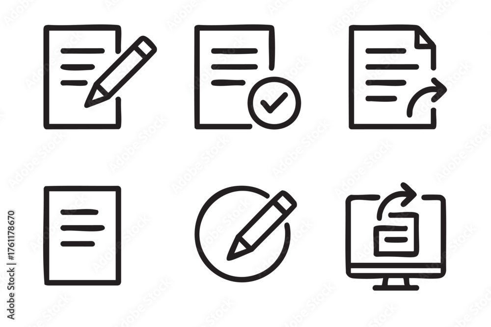 Six black outline icons of documents and writing tools, including a ...