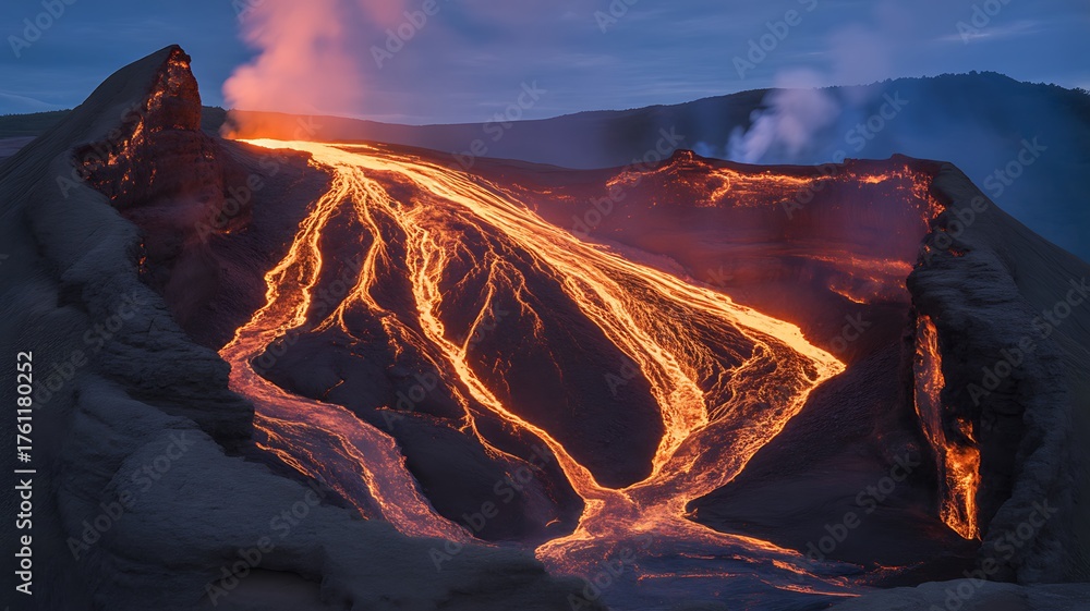 Fiery lava flows down the side of a volcano at dusk, creating a ...