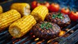 © Mitchell - Sizzling summer barbecue featuring juicy burgers, golden corn, and ripe tomatoes grilling to perfection for an unforgettable flavorful feast
