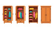 © MALA - Four wooden wardrobes with clothing and storage options displayed openly