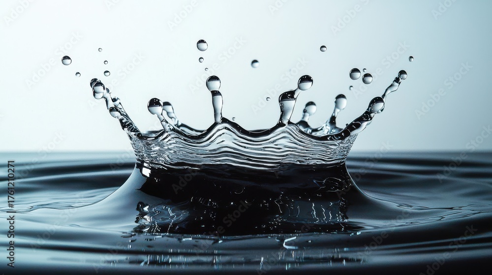 Crown formation splash with clear water droplet impact creating ...