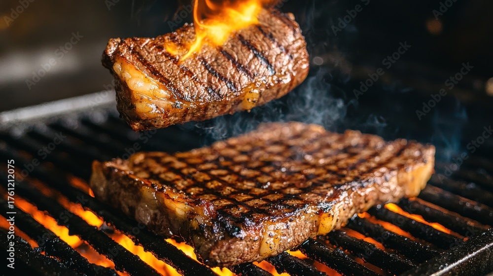 Grilled marks appearing instantly on juicy ribeye beef suspended above ...