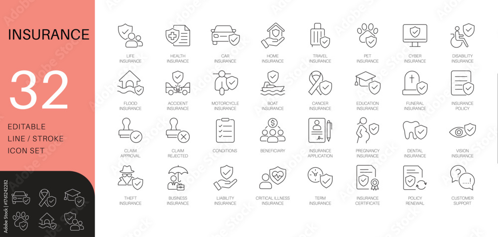 Insurance and protection line icon set. Thin line vector symbols for ...