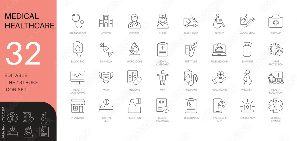 Medical and healthcare line icon set. Thin line vector symbols for ...