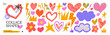 © Anastasiia Hevko - Collage scrapbook stickers with crayon drawn doodles and patterns. Colorful heart, flower, lightning and crown scrapbook shapes. Cutout funky shapes for collage valentine design and Y2K aesthetics.