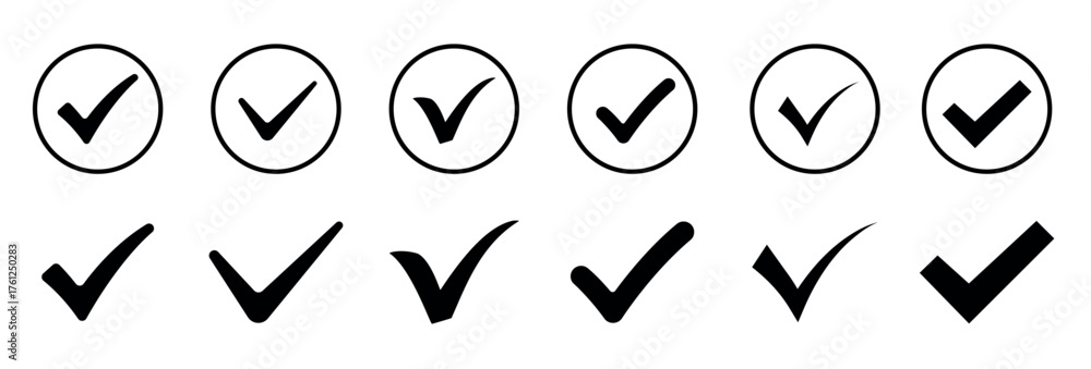 Solid Check Mark Black check mark vector icons set. Circle and simple tick approved sign ...