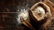 © Dw - A sack of flour rests on burlap with wheat stalks on a rustic wooden surface.