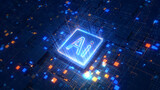 Glowing AI microchip on a digital circuit board background, symbolizing artificial intelligence and futuristic technology. 3d Rendering