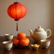 © David - Traditional Chinese New Year celebration with a red lantern, fresh mandarins, and tea set symbolizing prosperity.
