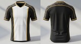 Front and back view of a modern black, white, and gold soccer jersey mockup on a clean background.