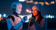 © Air H - A woman and a robot celebrate with sparklers against a backdrop of blurred lights, creating a festive atmosphere