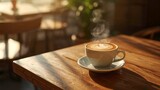 a cup of hot coffee with latte art on a wooden café table