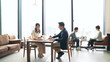 © metamorworks - ビジネス、企業、コワーキングスペース、会議、ミーティング、チームワーク、グループ、打ち合わせ、経営、ロビー、ラウンジ、笑顔、ポジティブ、明るい、インテリア、オフィス、フリーアドレスオフィス、面談、商談、会議室、カフェ、店舗、レストラン、接客、カジュアル、ビジネスパーソン、ビジネスマン、人材、協力、同僚、仕事、職場、会社員、会話、相談、日本人、男性、女性、室内、チーム、営業、取引、顧客、ビジネスウー