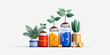 © KM - Colorful coins and jars with plants symbolize sustainable finance and growth. image conveys concepts of investment, savings, and environmental responsibility in creative way